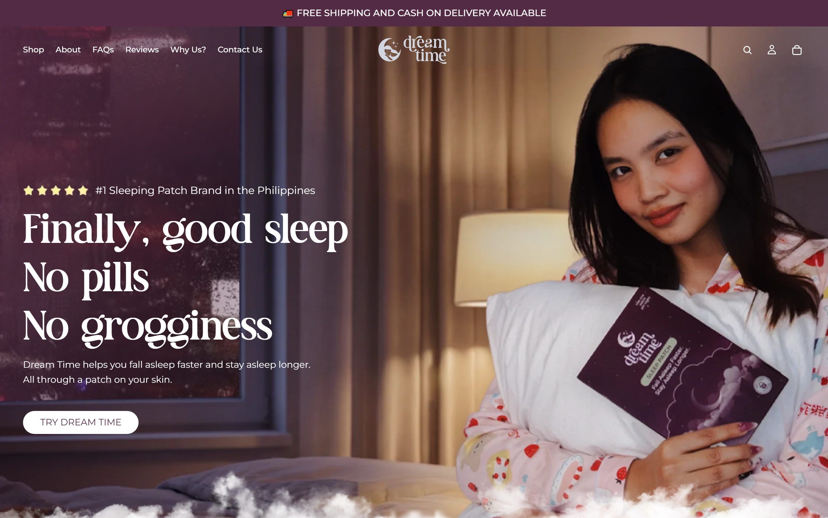 Dream Time homepage on desktop: a woman holding a box of sleep patches beside the headline “Finally, good sleep. No pills. No grogginess.”