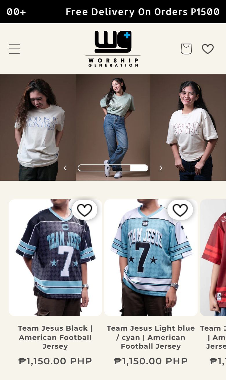 Worship Generation store on a phone, showing a grid of jerseys.